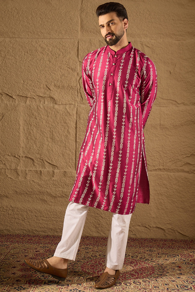 Pink Pure Silk Ethnic Motifs Printed Straight Kurta with Trousers