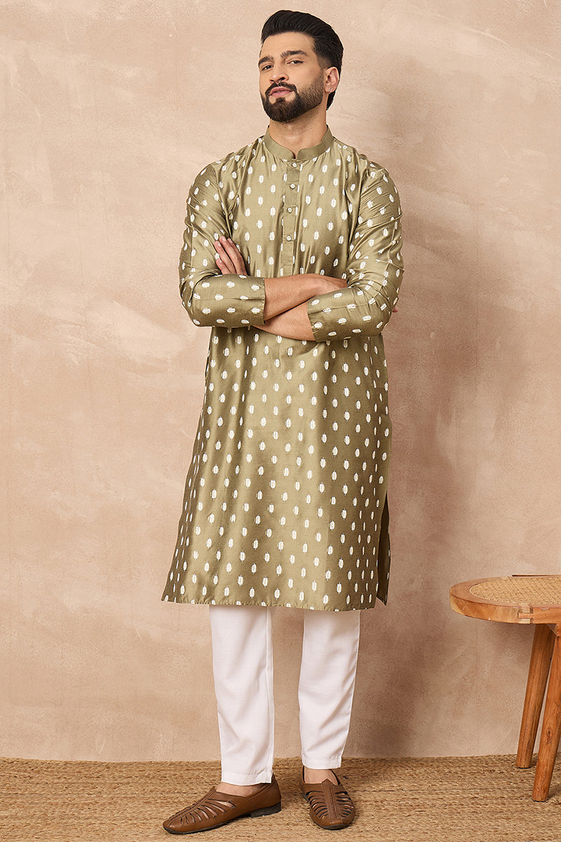 Olive Pure Silk Abstract Printed Straight Kurta with Trousers MKSET1284