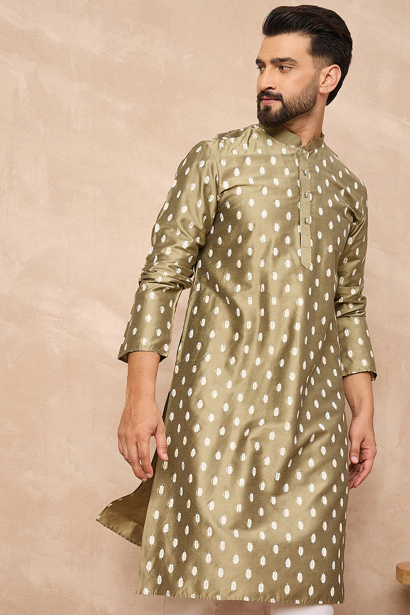 Olive Pure Silk Abstract Printed Straight Kurta with Trousers MKSET1284