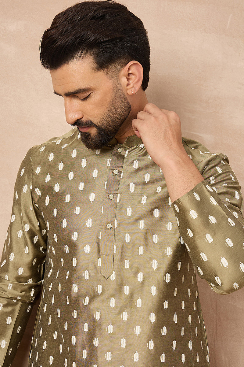 Olive Pure Silk Abstract Printed Straight Kurta with Trousers MKSET1284
