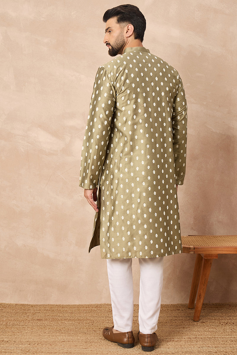Olive Pure Silk Abstract Printed Straight Kurta with Trousers MKSET1284