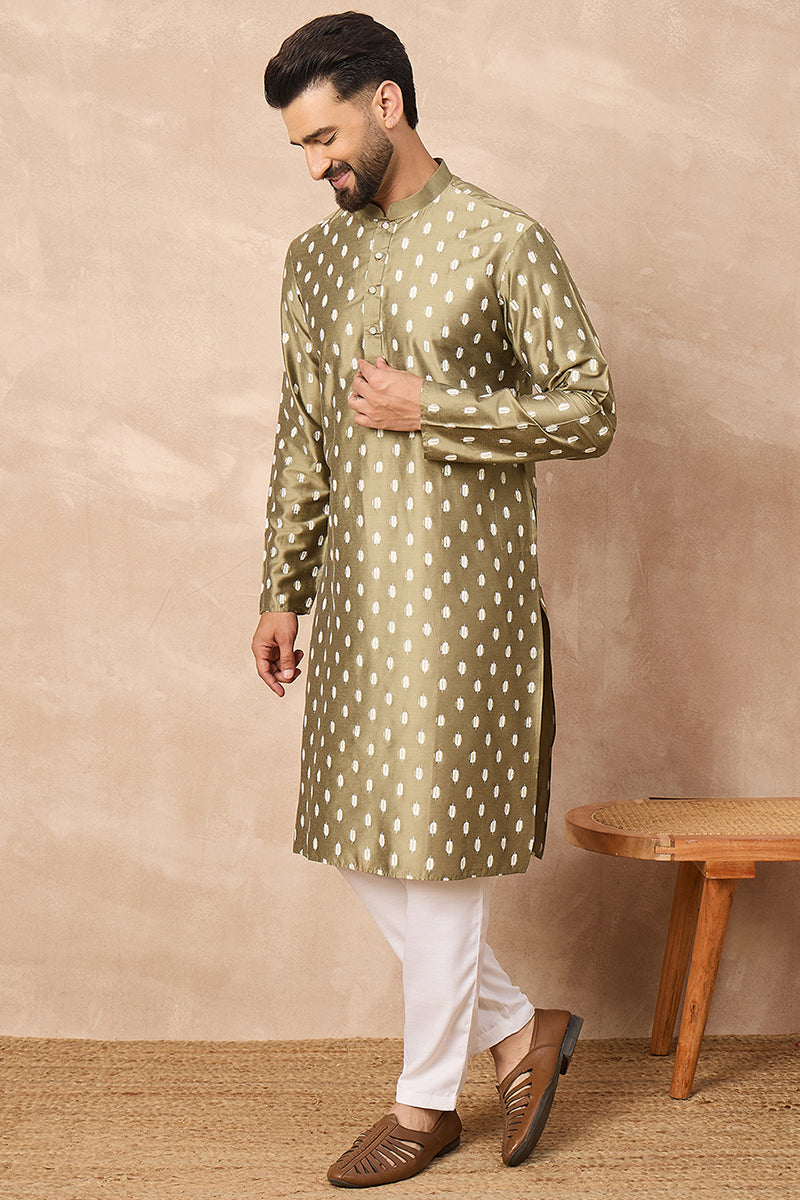 Olive Pure Silk Abstract Printed Straight Kurta with Trousers