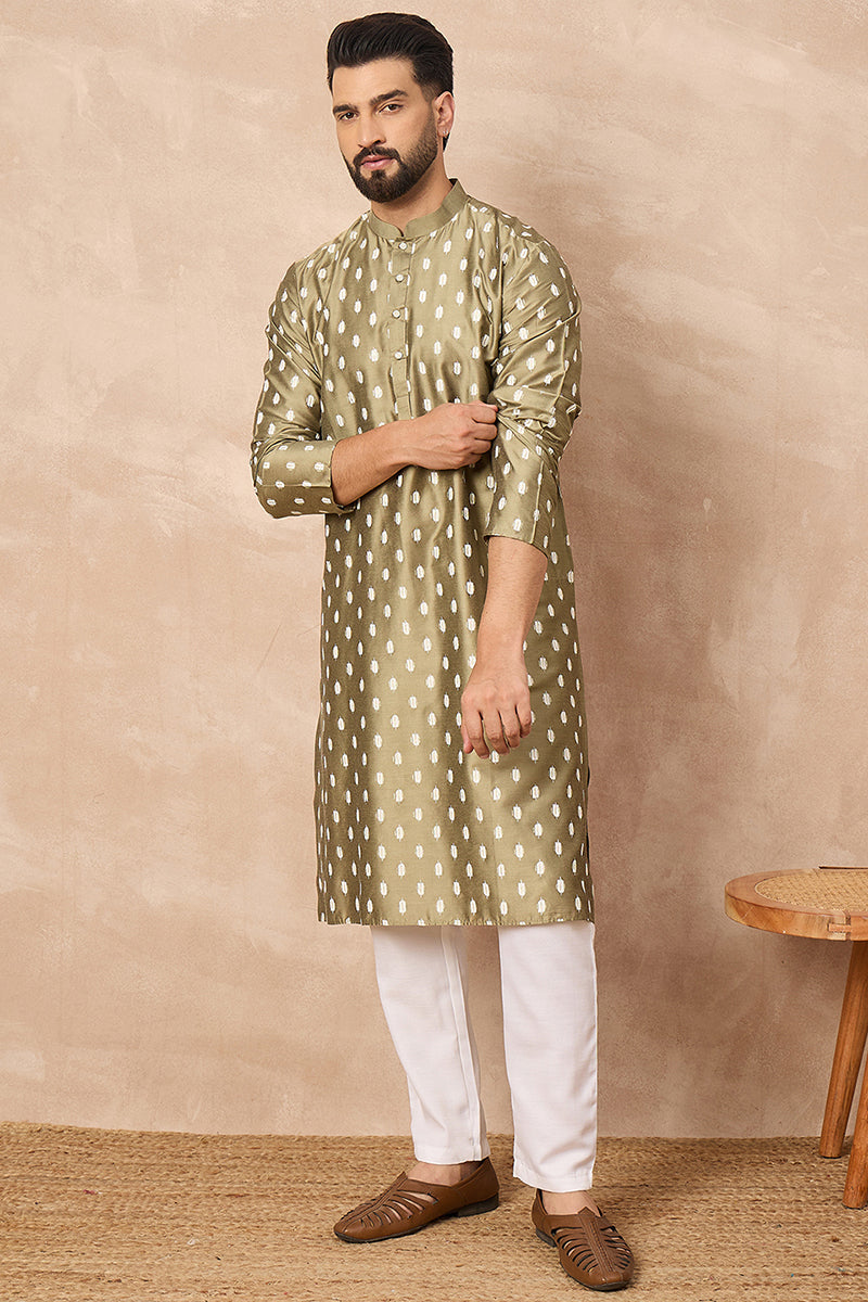 Olive Pure Silk Abstract Printed Straight Kurta with Trousers