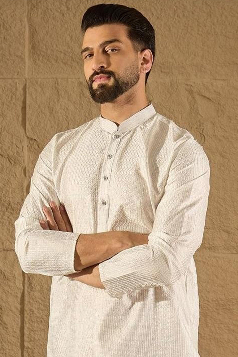 white silk blend solid embroidered straight kurta with trouser