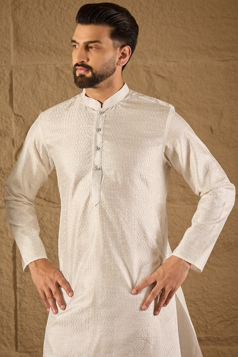 white silk blend solid embroidered straight kurta with trouser