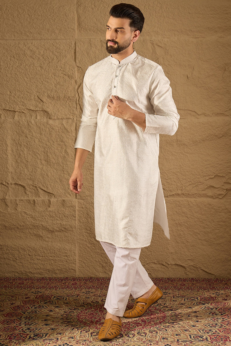 white silk blend solid embroidered straight kurta with trouser