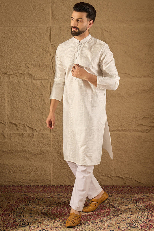 white silk blend solid embroidered straight kurta with trouser
