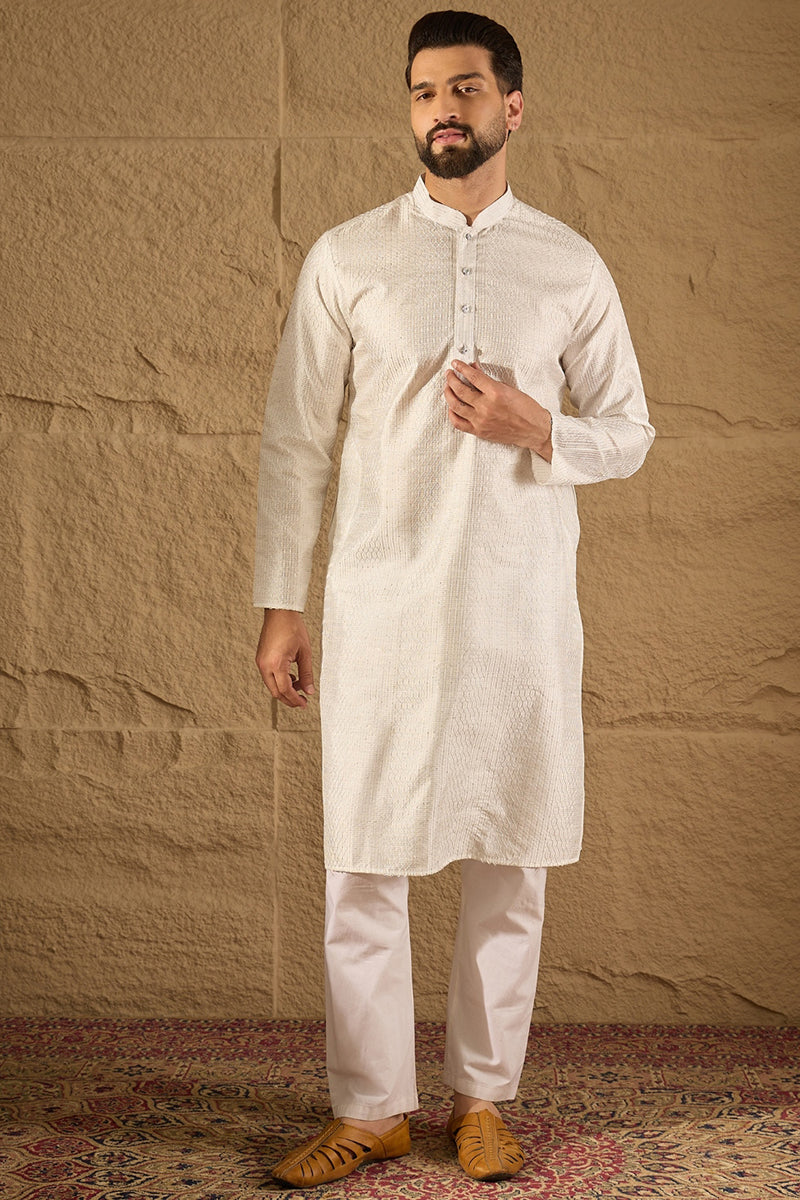 white silk blend solid embroidered straight kurta with trouser