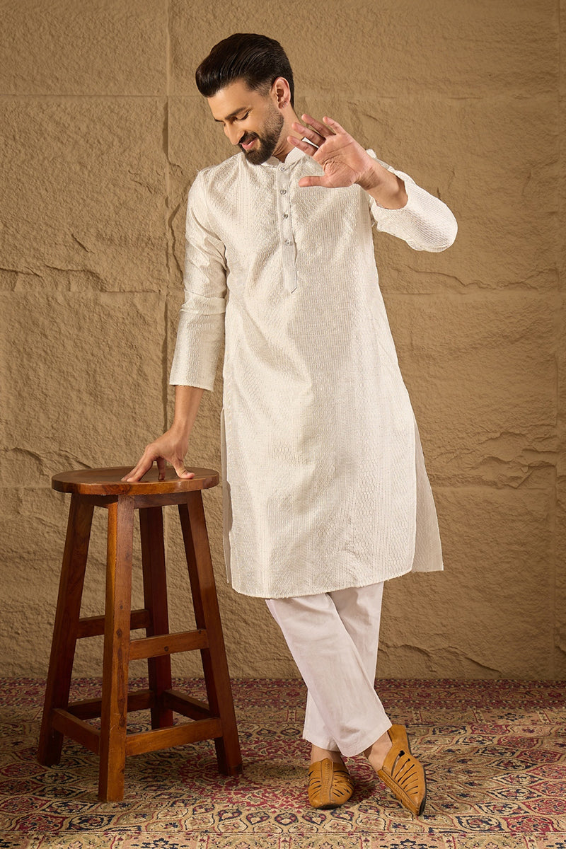 white silk blend solid embroidered straight kurta with trouser