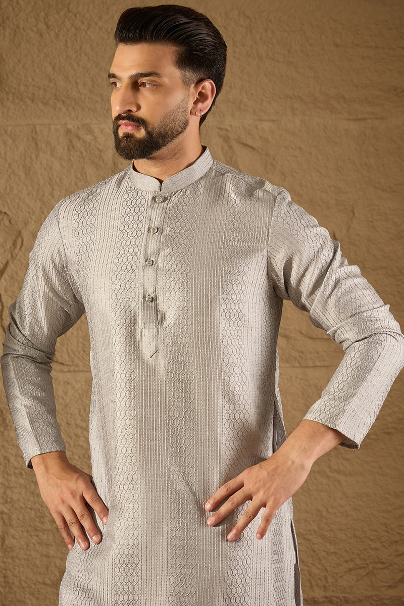 Grey Silk Blend Solid Embroidered Straight Kurta with Trouser MKSET1289