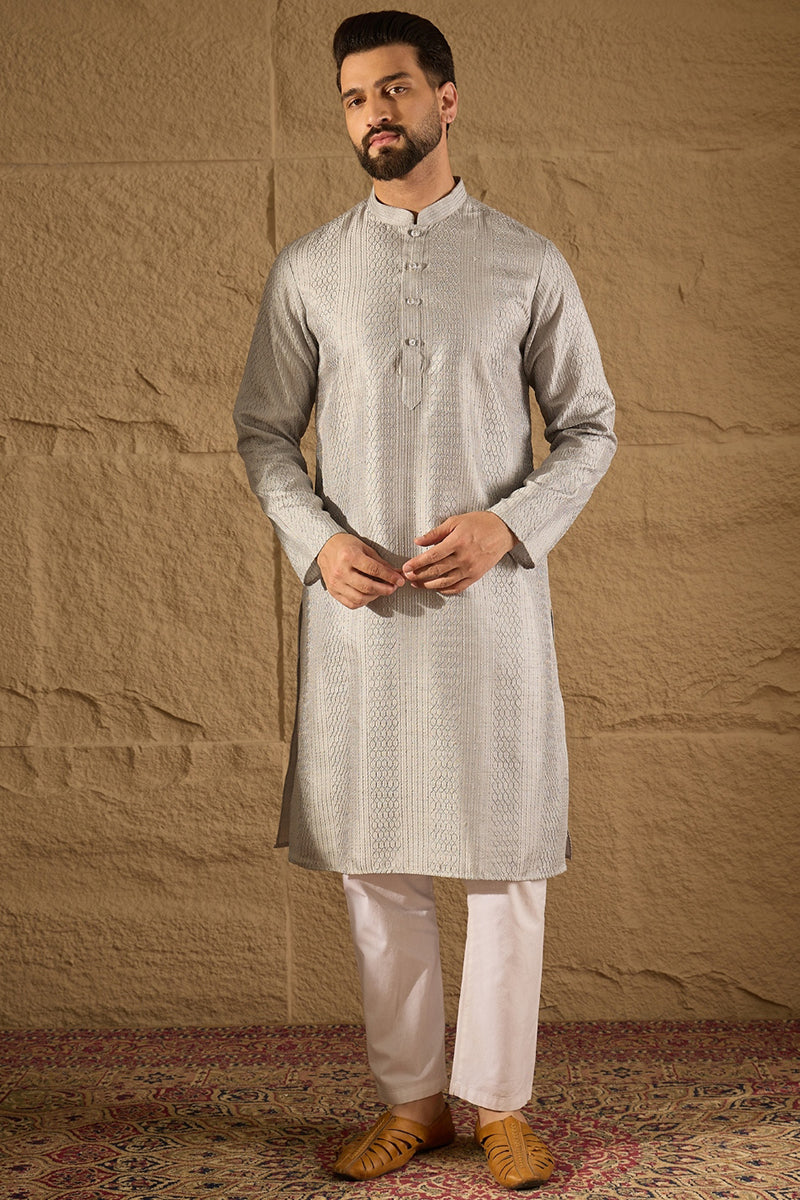 Grey Silk Blend Solid Embroidered Straight Kurta with Trouser MKSET1289