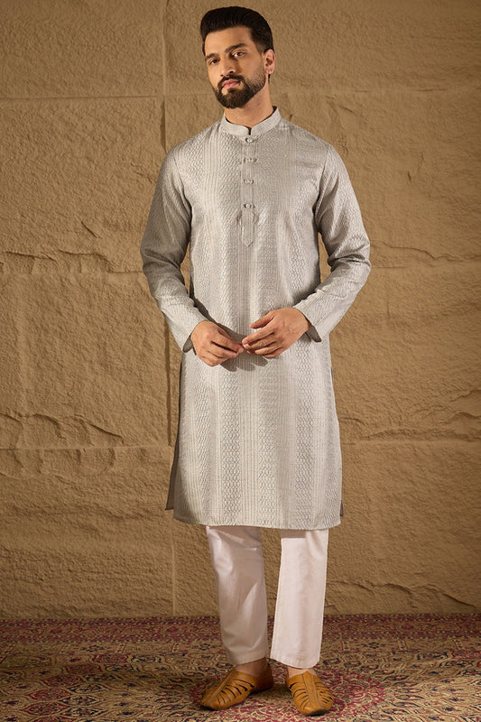 Grey Silk Blend Solid Embroidered Straight Kurta with Trouser MKSET1289