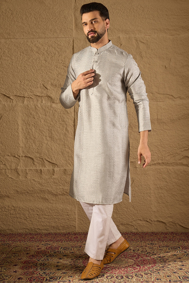 Grey Silk Blend Solid Embroidered Straight Kurta with Trouser MKSET1289