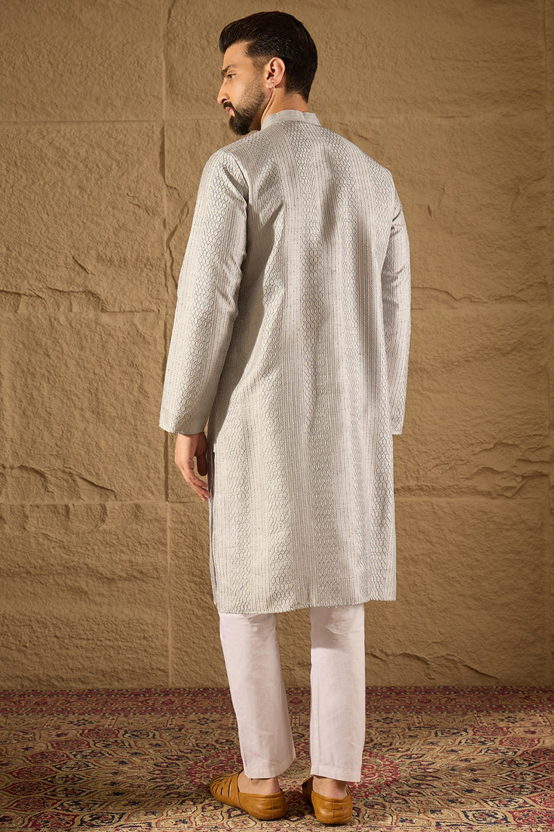 Grey Silk Blend Solid Embroidered Straight Kurta with Trouser MKSET1289