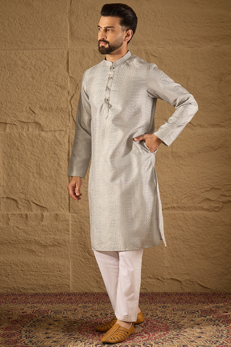 Grey Silk Blend Solid Embroidered Straight Kurta with Trouser