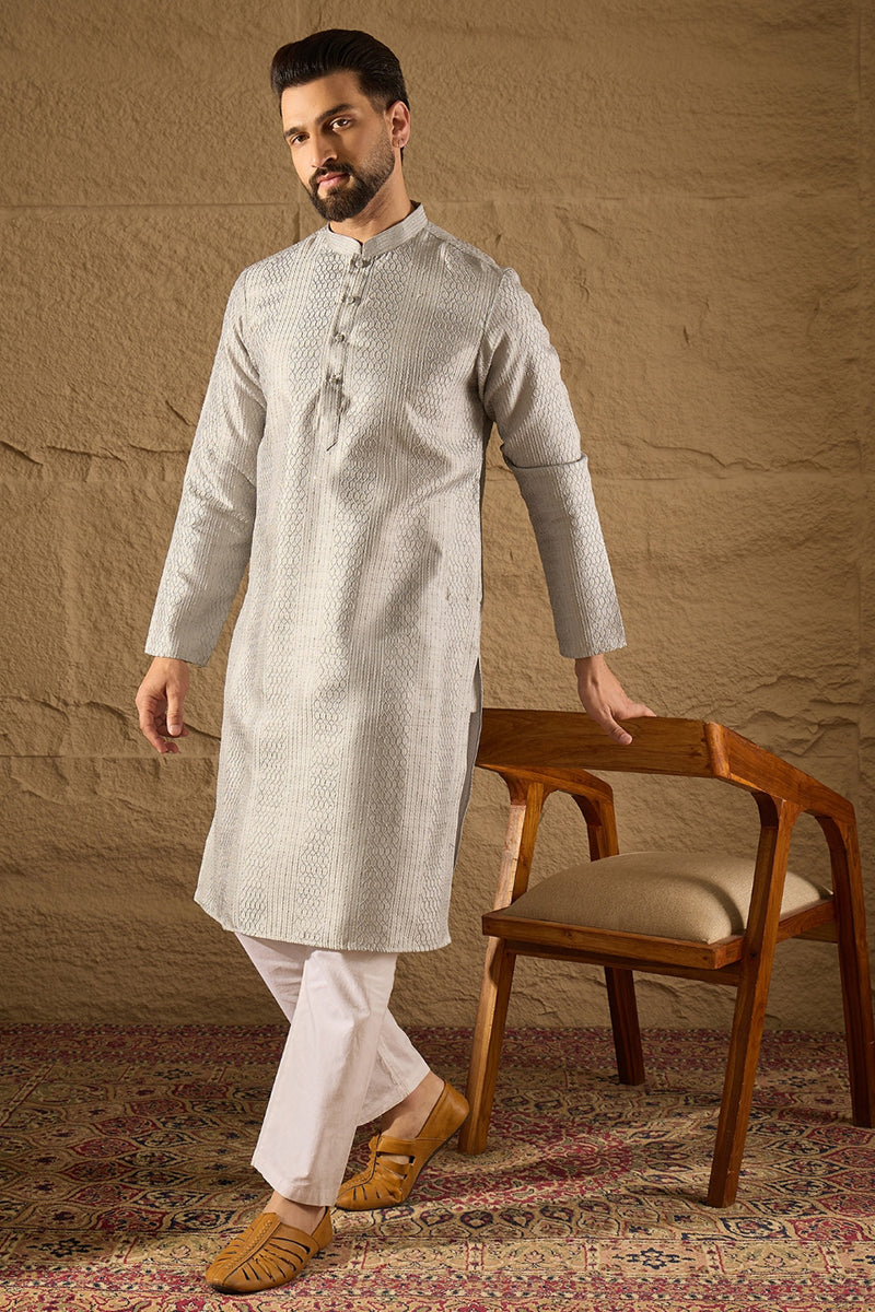 Grey Silk Blend Solid Embroidered Straight Kurta with Trouser