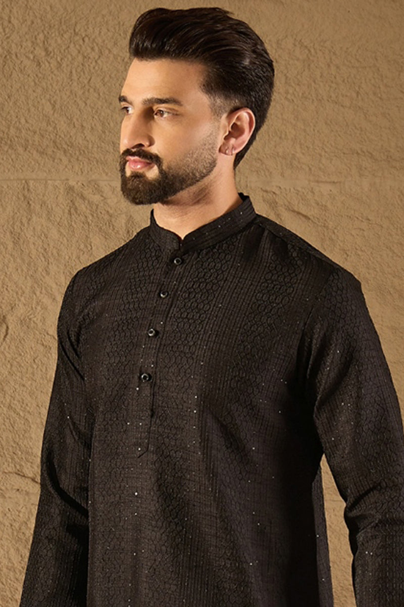 Black Silk Blend Solid Embroidered Straight Kurta with Trouser MKSET1292