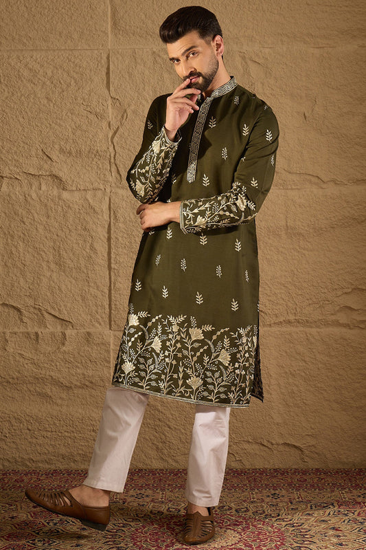 Olive Chanderi Silk Solid Embroidered Straight Kurta with Trouser MKSET1319