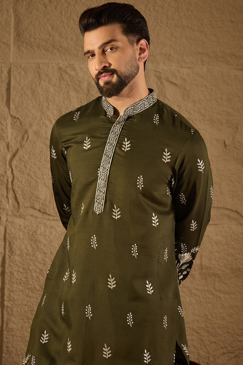 Olive Chanderi Silk Solid Embroidered Straight Kurta with Trouser MKSET1319
