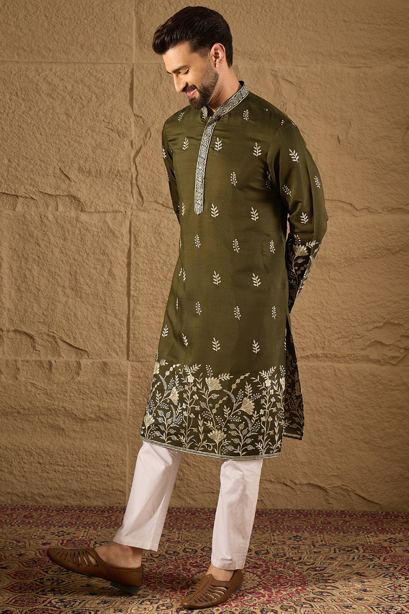 Olive Chanderi Silk Solid Embroidered Straight Kurta with Trouser MKSET1319