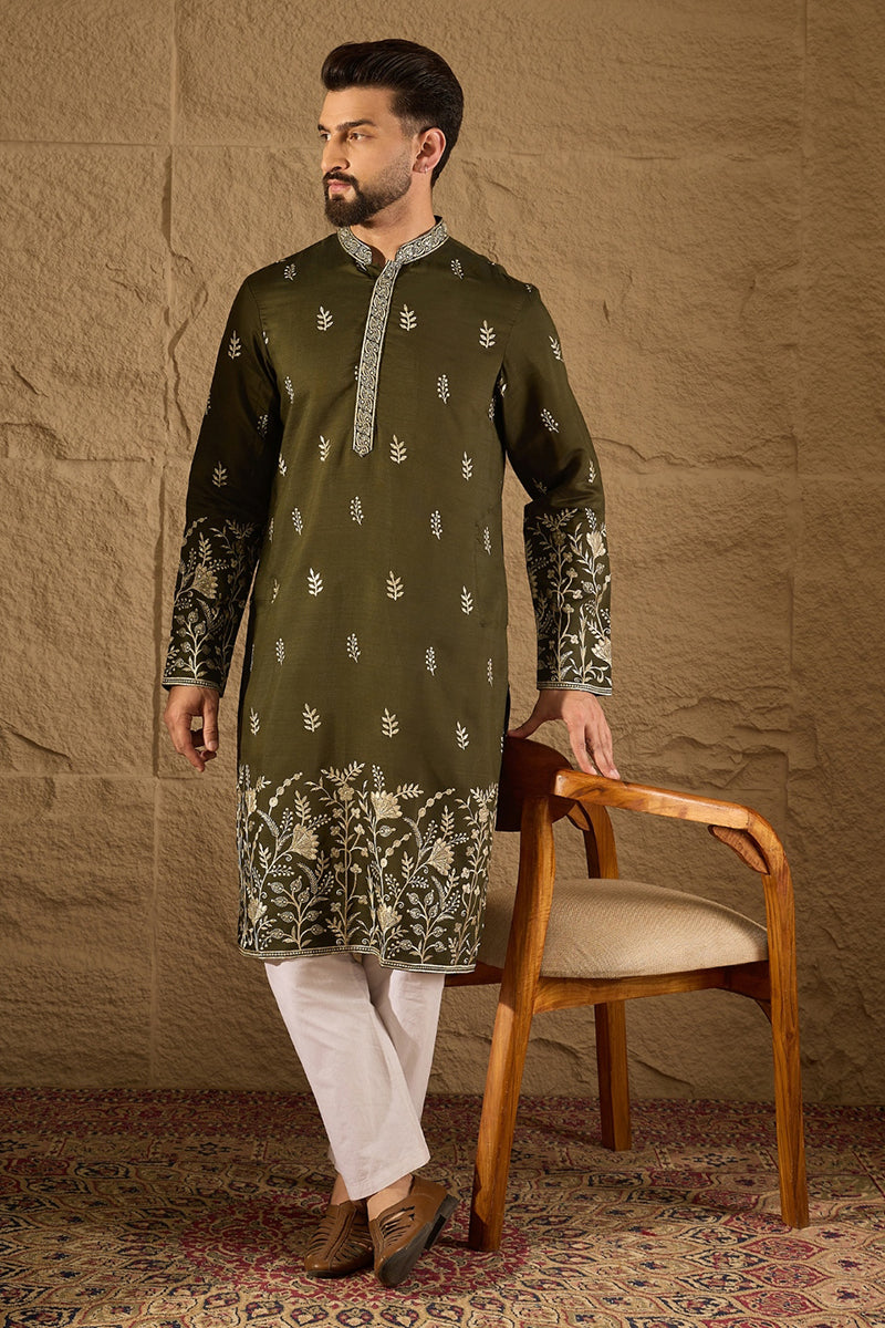 Olive Chanderi Silk Solid Embroidered Straight Kurta with Trouser