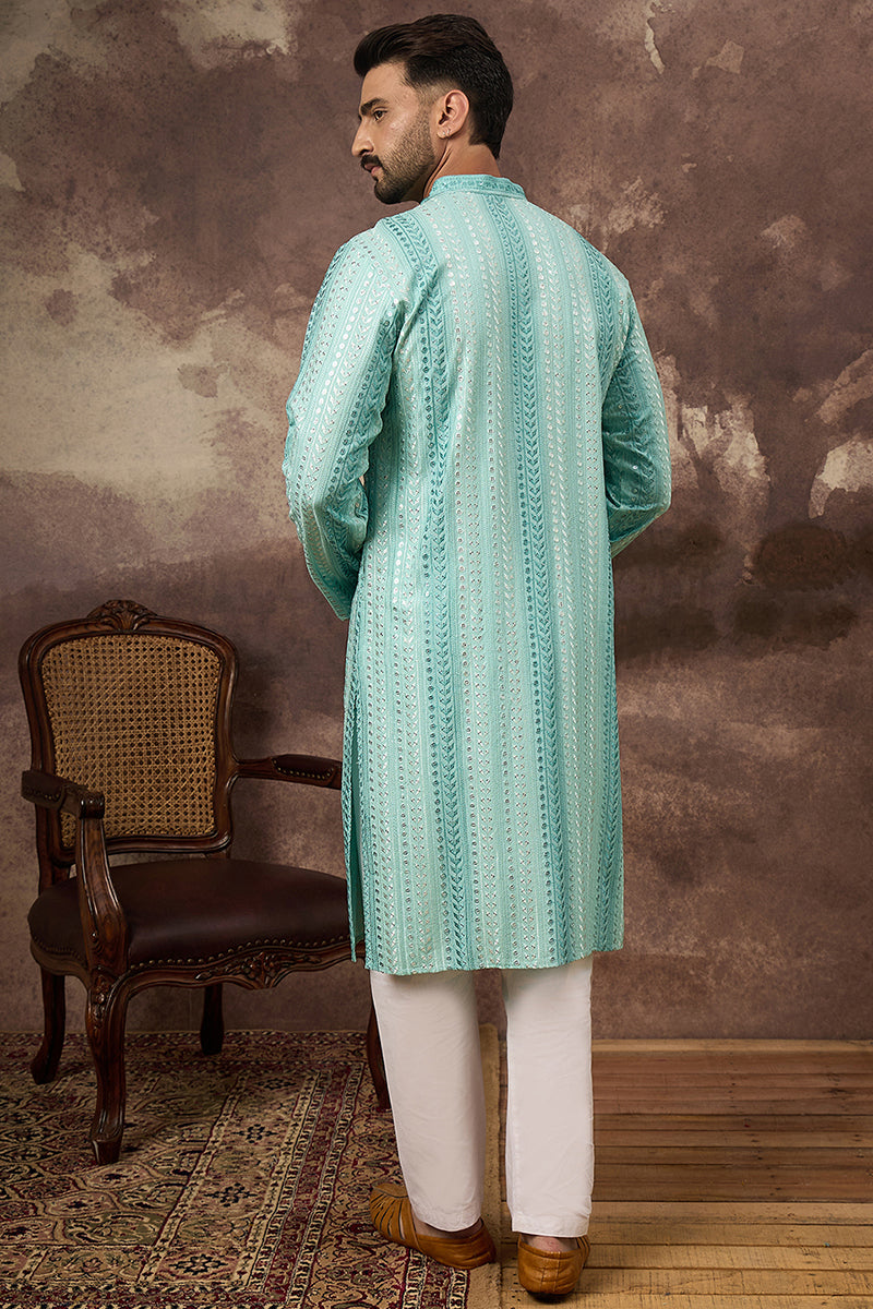 Blue Viscose Rayon Solid Embroidered Straight Kurta with Trouser MKSET1324