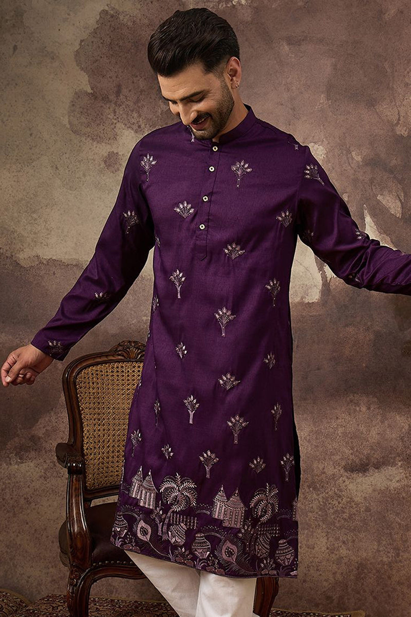 purple silk blend solid embroidered straight kurta and trouser