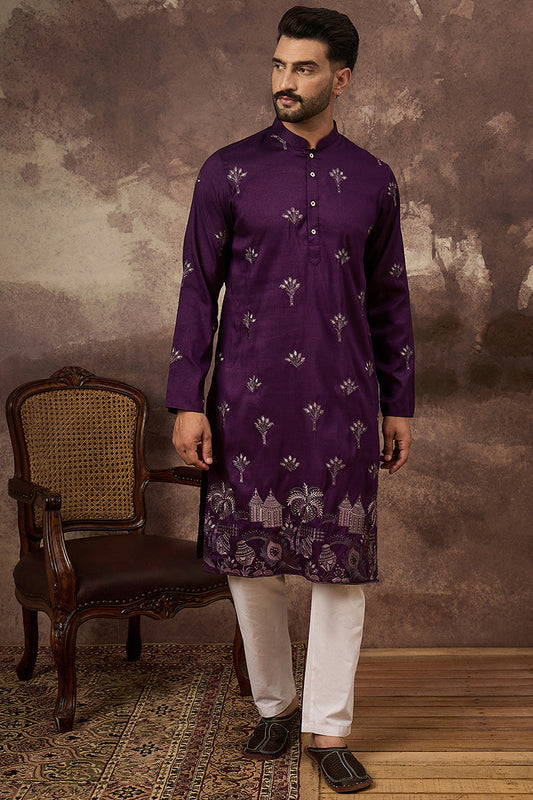 purple silk blend solid embroidered straight kurta and trouser