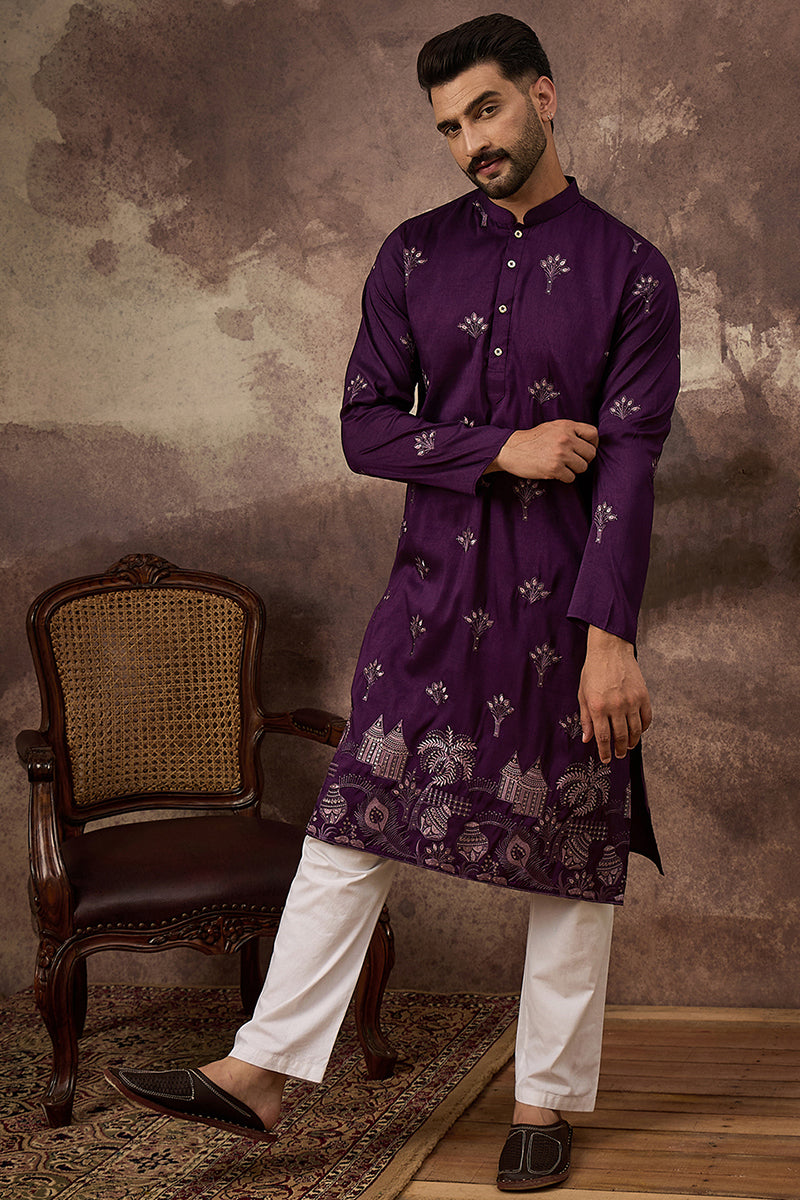 purple silk blend solid embroidered straight kurta and trouser