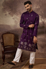 purple silk blend solid embroidered straight kurta and trouser