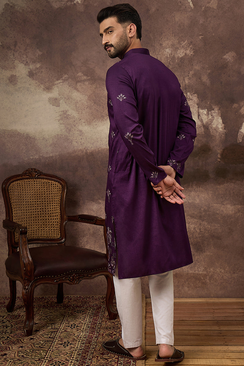 purple silk blend solid embroidered straight kurta and trouser