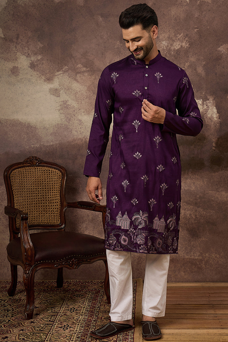 purple silk blend solid embroidered straight kurta and trouser