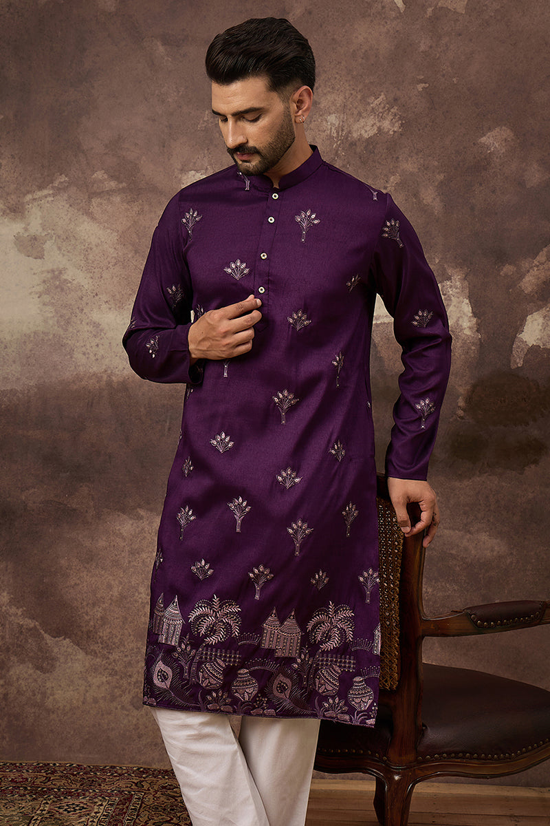 purple silk blend solid embroidered straight kurta and trouser