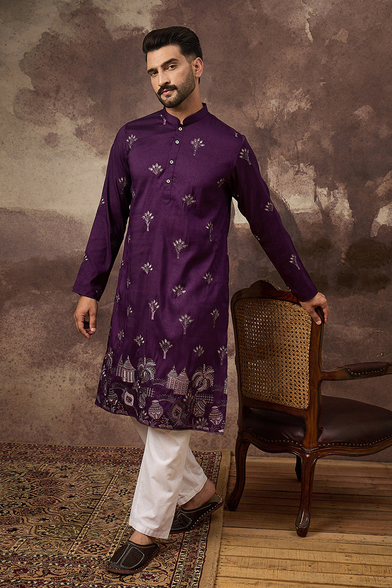 purple silk blend solid embroidered straight kurta and trouser