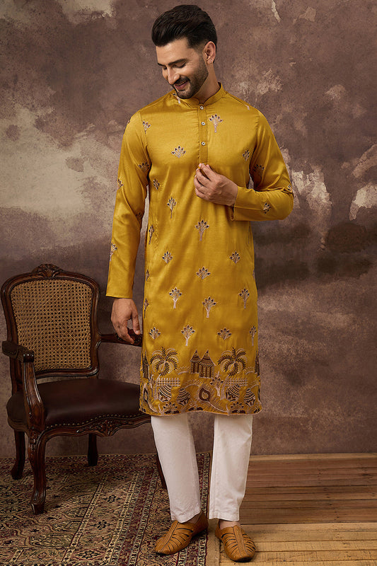 yellow silk blend solid embroidered straight kurta and trouser