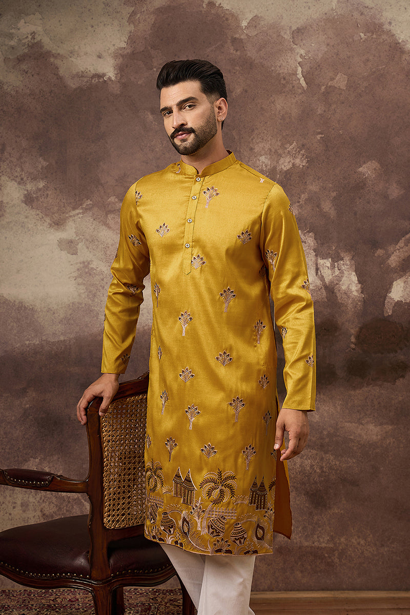 yellow silk blend solid embroidered straight kurta and trouser