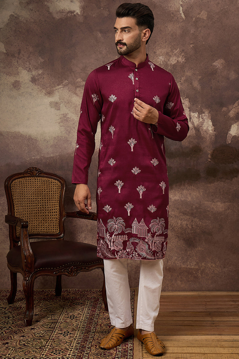 maroon silk blend solid embroidered straight kurta and trouser