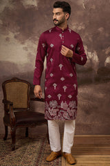 maroon silk blend solid embroidered straight kurta and trouser