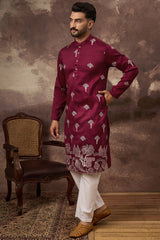 maroon silk blend solid embroidered straight kurta and trouser