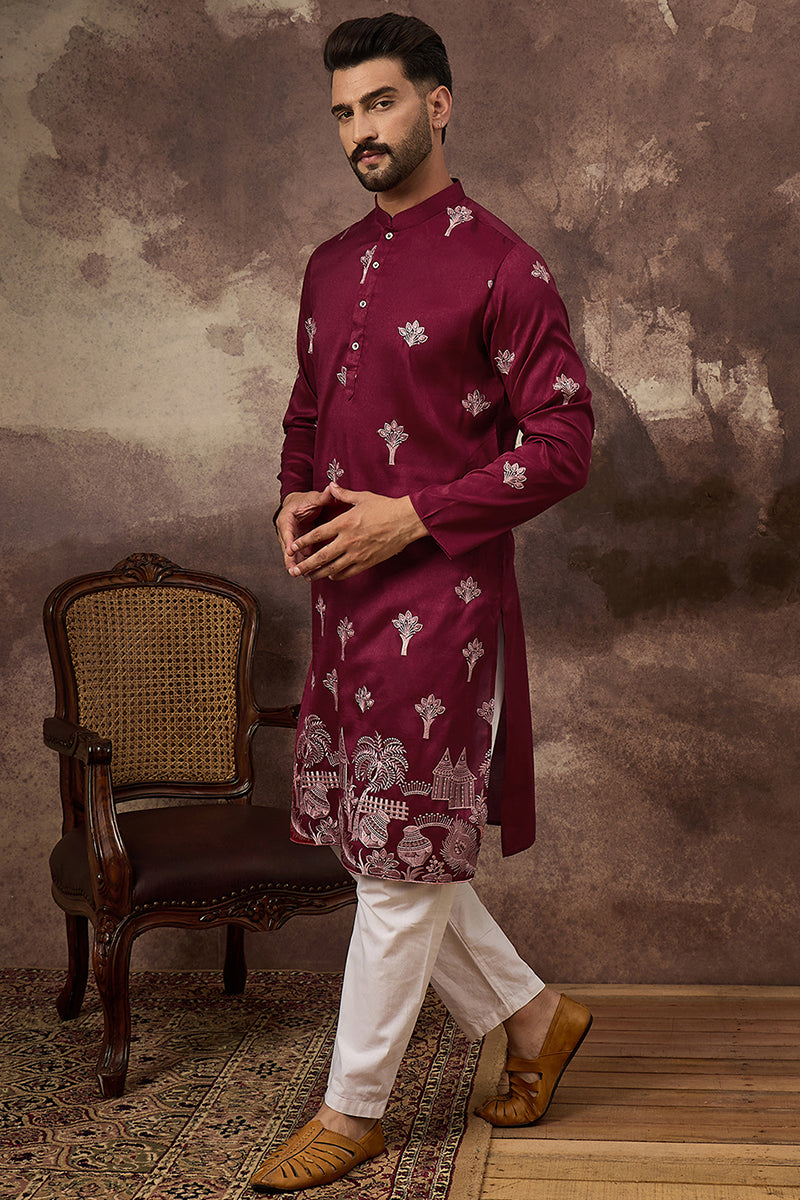 maroon silk blend solid embroidered straight kurta and trouser