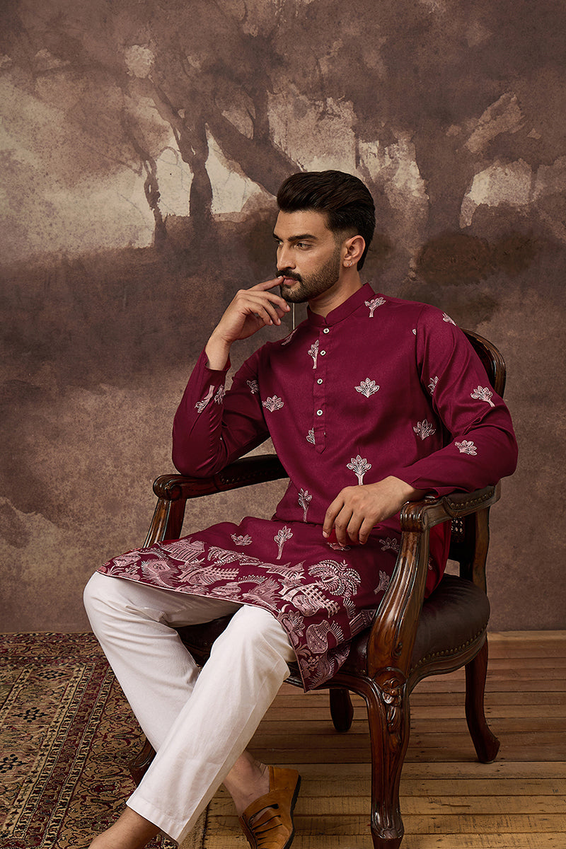 maroon silk blend solid embroidered straight kurta and trouser