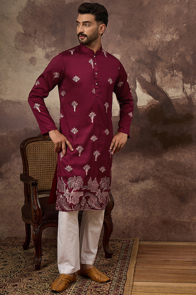 maroon silk blend solid embroidered straight kurta and trouser