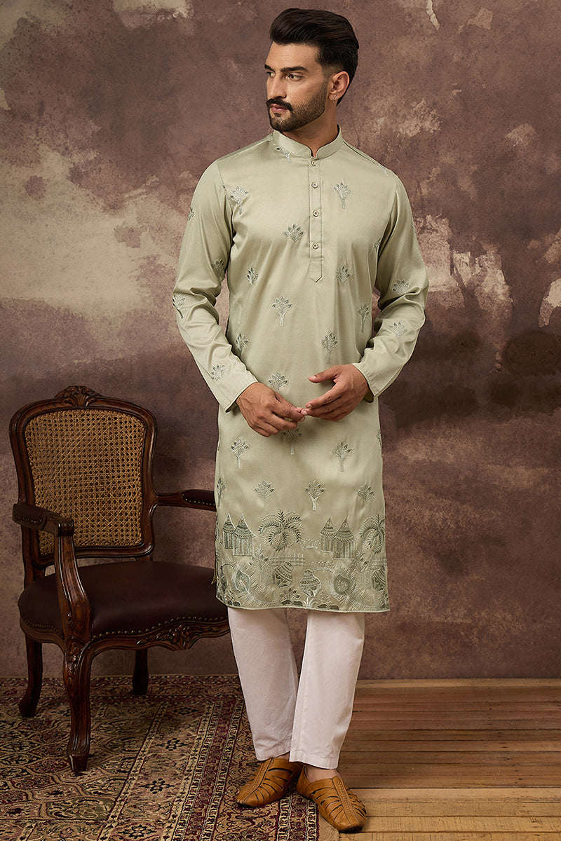 green silk blend solid embroidered straight kurta and trouser