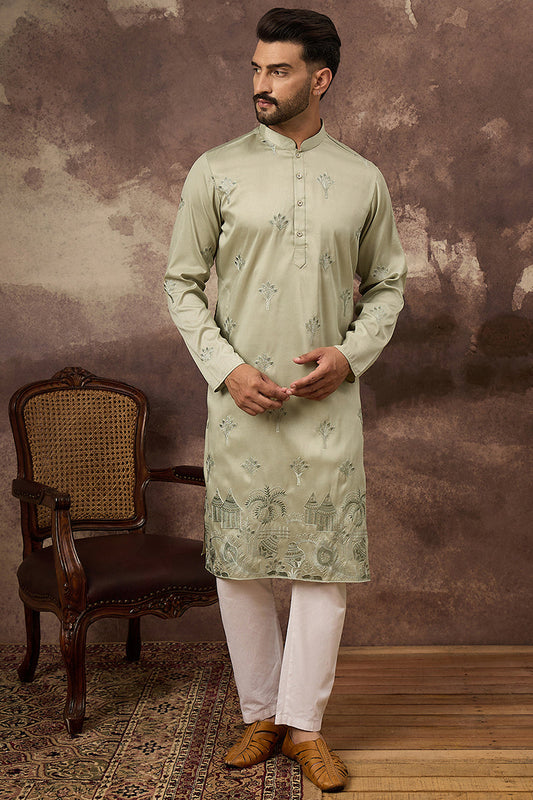 green silk blend solid embroidered straight kurta and trouser
