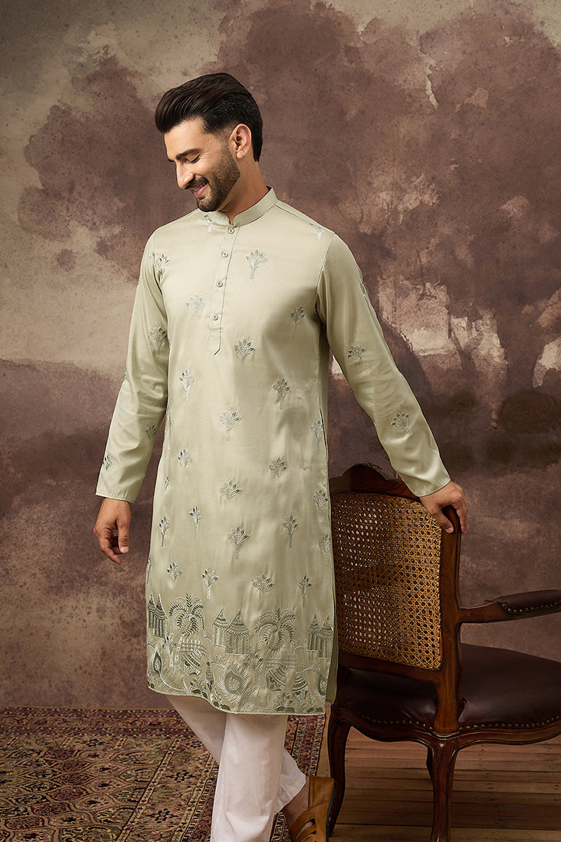green silk blend solid embroidered straight kurta and trouser