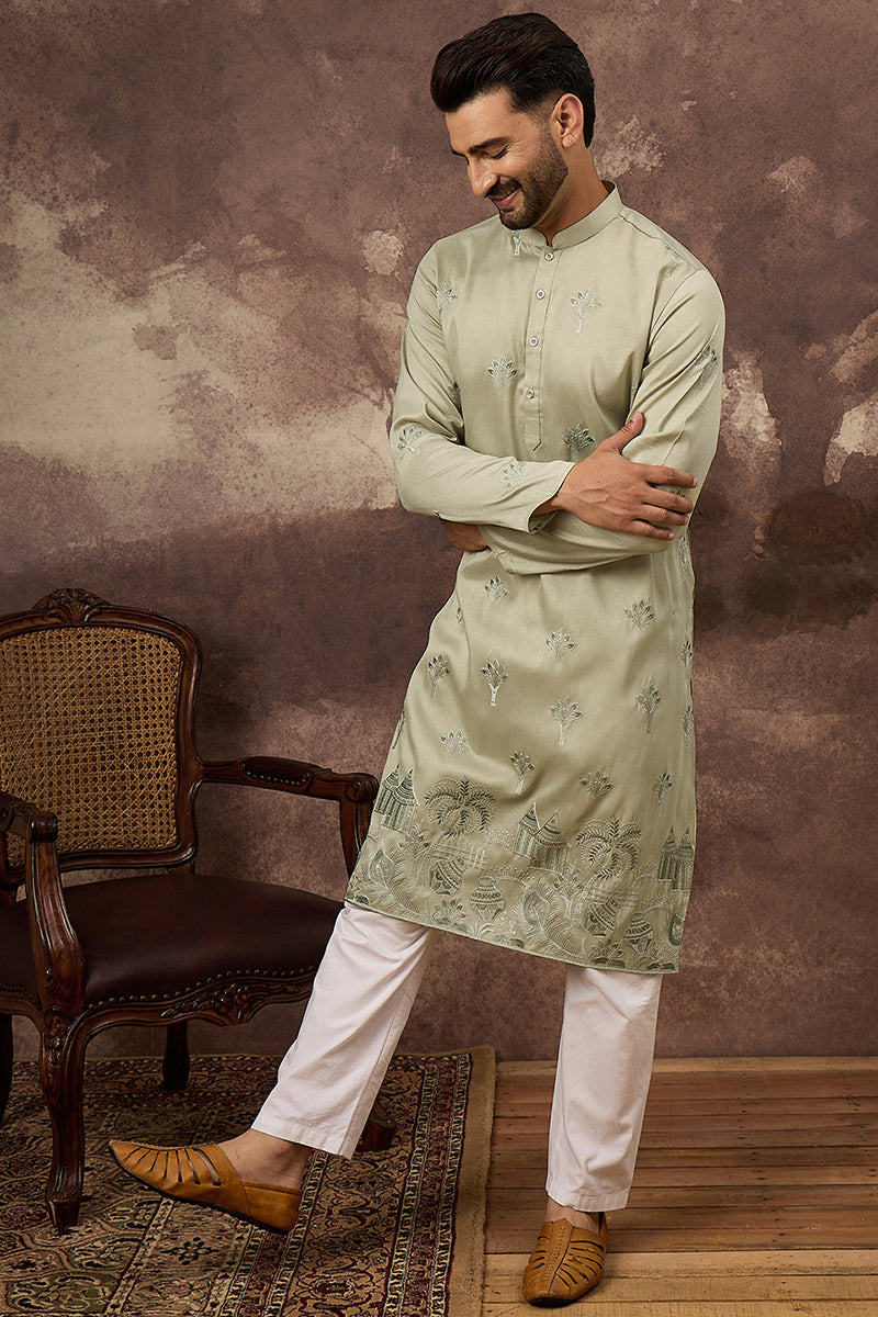 green silk blend solid embroidered straight kurta and trouser