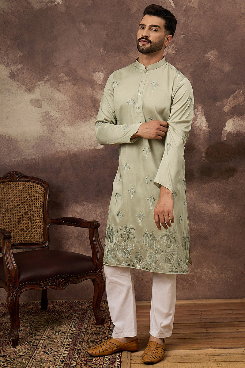 green silk blend solid embroidered straight kurta and trouser