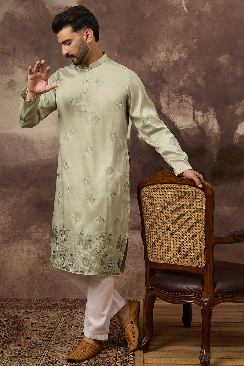 green silk blend solid embroidered straight kurta and trouser