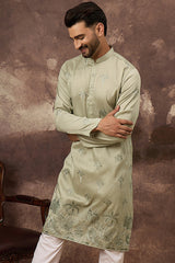 green silk blend solid embroidered straight kurta and trouser