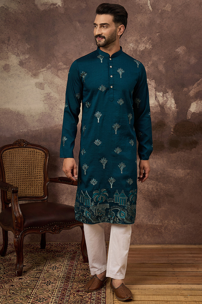 Blue Silk Blend Solid Embroidered Straight Kurta and Trouser MKSET1331